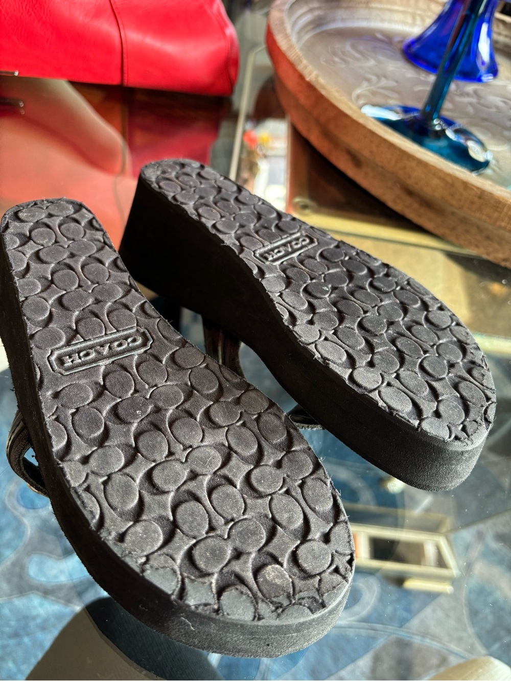 Coach Black Leather Thong Sandals with Silver Logo Accent - Picture 4 of 6